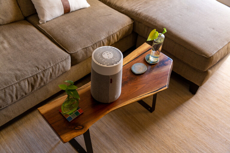 Indoor air quality factors - An air purifier on a living room table surrounded by plants, with the couch placed behind.